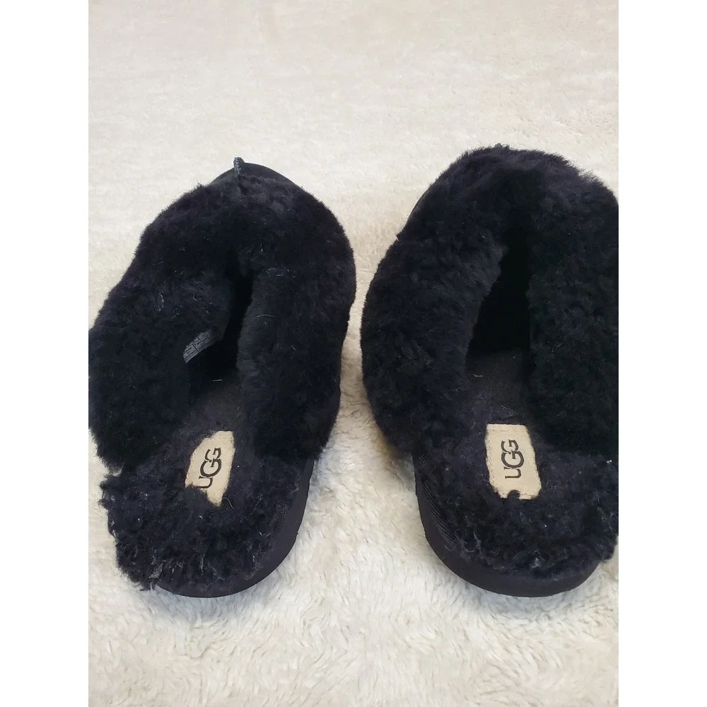 Ugg Black Suede Slip On Faux fur lining Slides Slipper Shoes 4 Casual Cozy Logo